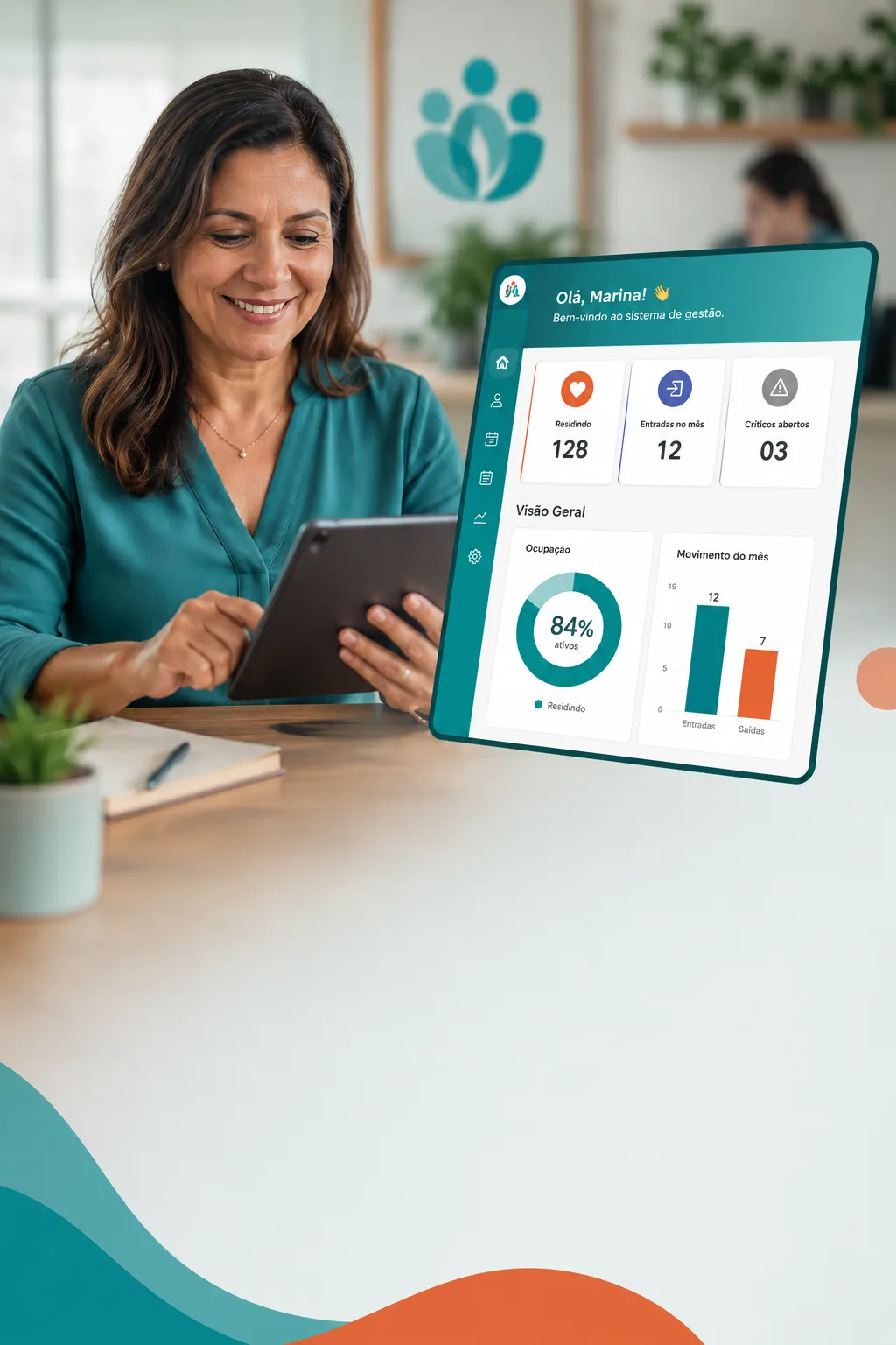 Profissional usando o painel de gestão do AcolhApp em um tablet